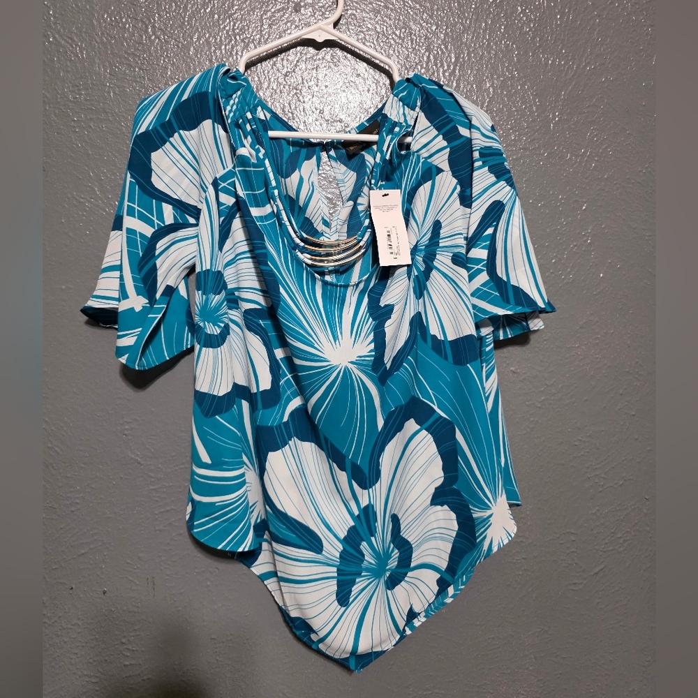 BOLD elements Teal and White Floral Blouse